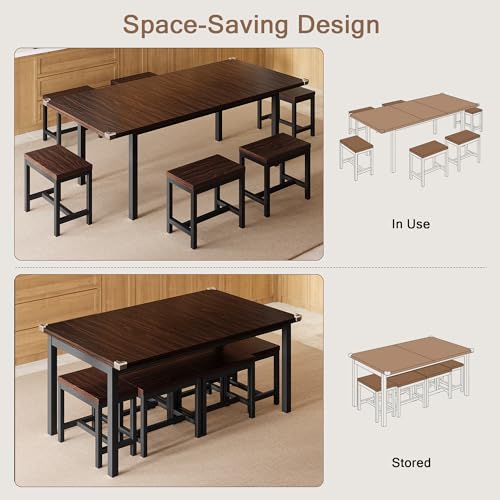 Einhomn 7-Piece Dining Table Set, 63" Extendable Kitchen Room Table with 6 Stools, Mid Century Modern Dinner Table with Metal Frame & MDF Board, Space-Saving, Easy Assembly, Espresso Einhomn