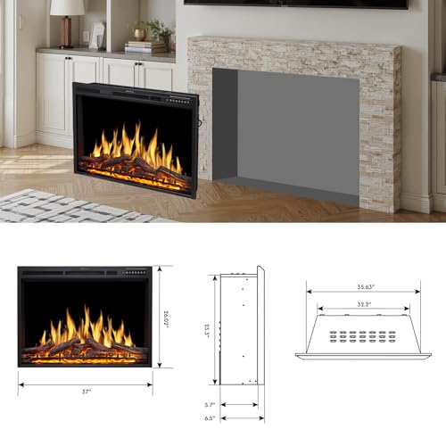 ZAFRO 37" Electric Fireplace Insert with Realistic Flame & Logs, Recessed Fireplace with Auto Color Adjustable Flame, Remote Control, 8H Timer, 750/1500W Heater ZAFRO