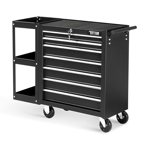 TUFFIOM 7-Drawer Rolling Tool Chest w/Lock & Key, Tool Storage Side Cabinet with Side Shelves Wheels, Top Cushion & Drawer Liners, Tool Organizer Box for Garage, Warehouse & Repair Shop, Black TUFFIOM