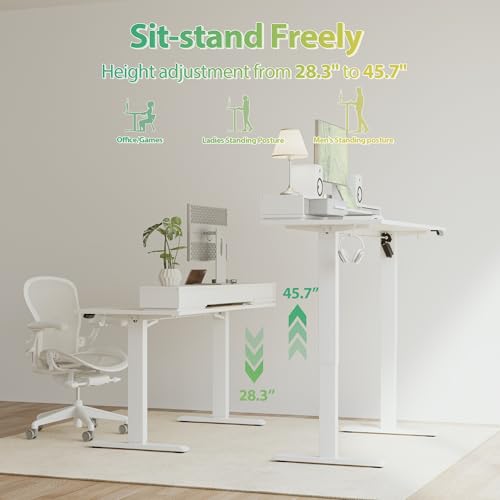 Agilestic 48 Inch Electric Standing Desk with Drawers, Adjustable Desk with Storage Shelf, Stand Up Home Office Computer Table, Splice Board, White Agilestic
