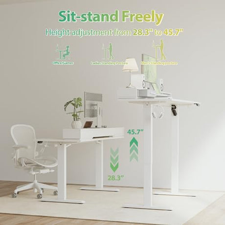 Agilestic 48 Inch Electric Standing Desk with Drawers, Adjustable Desk with Storage Shelf, Stand Up Home Office Computer Table, Splice Board, White Agilestic
