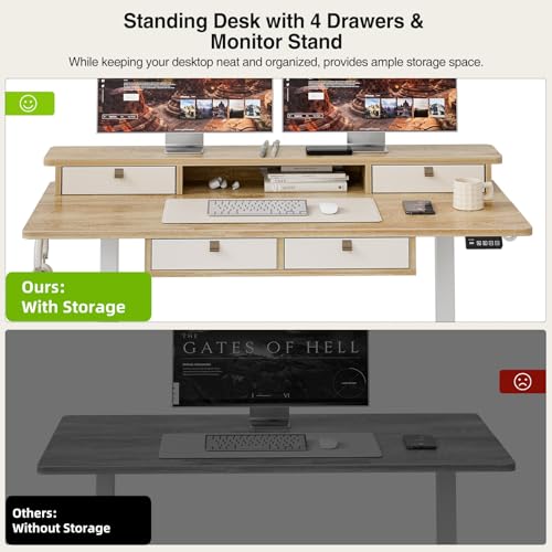 Grandder 47 Inch Electric Standing Desk with Four Drawers, Sit to Stand Up, Height Adjustable Desk with Storage Shelf for Home Office, Study, Ergonomic Adjustable Computer Desk, Oak Grandder