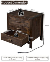 Karl home Farmhouse Nightstand with Charging Station, Solid Pine Wood 3 Drawer Night Stands for Bedroom, Bedside Table with 2 USB Ports & 2 AC Outlets, Vintage End Tables, Brown Karl home