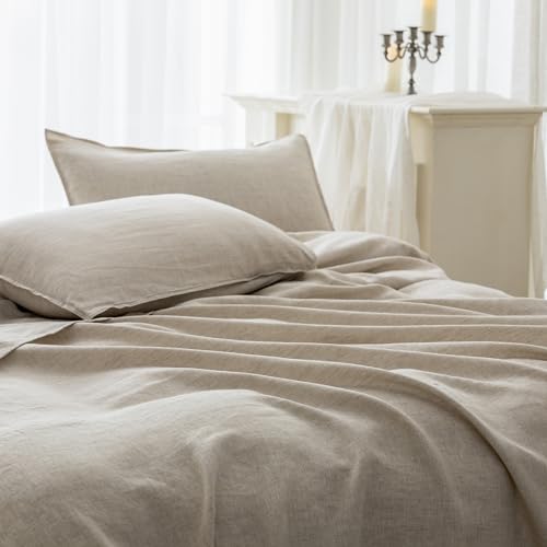 EVERLY Linen Sheets Set Twin Size,100% French Pure Linen Sheets Set,3Pieces (1Flat Sheet,1Fitted Sheet,1Pillowcase) Suitable for Hot Sleepers, Stonewash Not Dyed Deep Pocket Natural Linen Bedding Set EVERLY