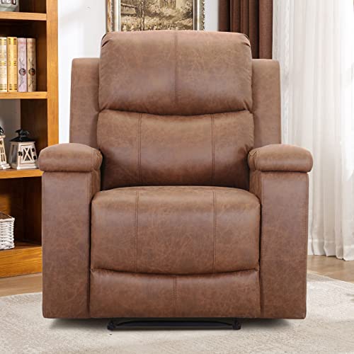 CANMOV Leather Recliner Chair, Classic and Traditional Manual Recliner Chair with Overstuffed Arms and Back, Manual Single Sofa with Concealed Cup Holders, Brown CANMOV