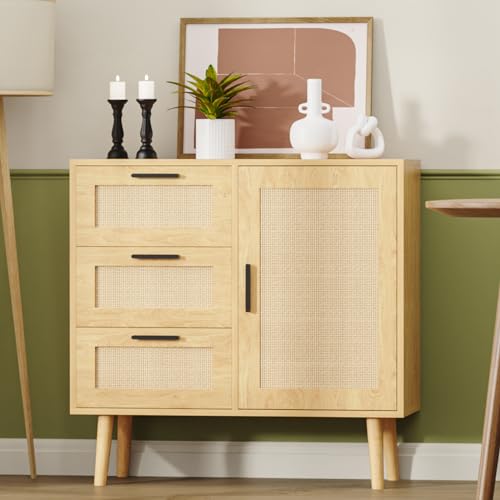 KFO Storage Cabinet, Rattan Sideboard Cabinet with 3 Drawers & Door, Wooden Buffet Cabinet for Living Room, Dining Room, Hallway, Kitchen, Entryway… - WoodArtSupply