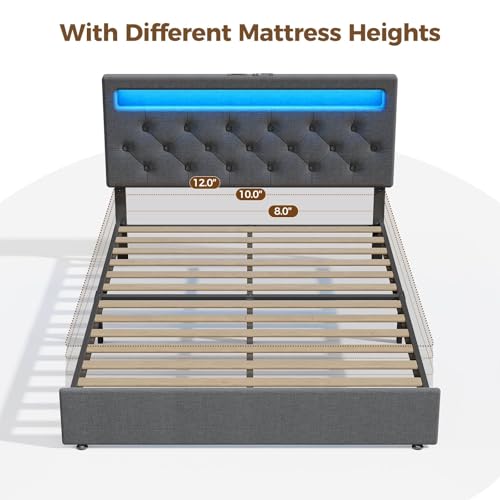 Rolanstar Full Size Bed Frame with Charging Station, LED Bed with Under Bed Storage, Adjustable Headboard 38.9/40.8 Inches, No Box Spring Needed, Noise Free, Easy Assembly, Grey Rolanstar