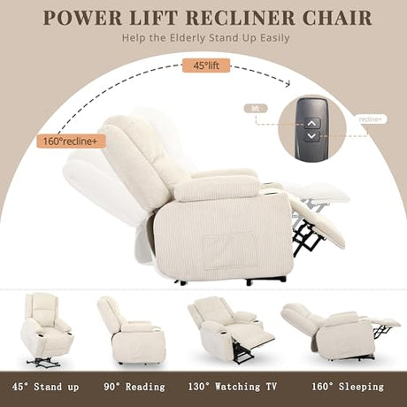 IKAKOS Heavy Duty Power Lift Recliner Chair for Elderly, 400lbs Capacity Massage and Heat Recliner, Soft Corduroy 160° Reclining Electric Stand Up Chair, USB & Type-C, Memory Foam, Cup Holders IKAKOS