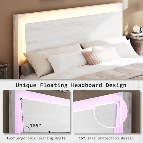 LUXOAK King Size Wood Bed Frame with RGBW LED Light, Mid-Century Modern Platform Bed with Floating Headboard and Solid Wood Legs, No Box Spring Needed, Easy Assembly, Distressed White LUXOAK