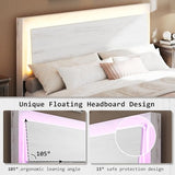 LUXOAK King Size Wood Bed Frame with RGBW LED Light, Mid-Century Modern Platform Bed with Floating Headboard and Solid Wood Legs, No Box Spring Needed, Easy Assembly, Distressed White LUXOAK