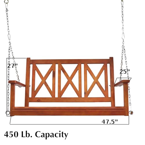 Wooden Porch Swing 2-Seater, Bench Swing Hanging Chains Included for Outdoor Patio Garden Yard