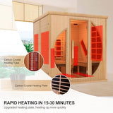 iDOTODO Infrared Wooden Sauna Room with Recliner, 2 Person Infrared Home Sauna, 220V，3400W, 5 Heating Tubes, 4 Carbon Crystal Heating Panel, Bluetooth Speakers, 7 Color Light, Oxygen Bar iDOTODO