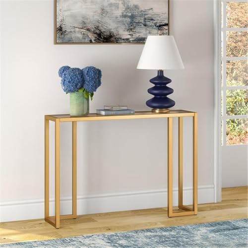 Pemberly Row Art Deco Metal Console Table, Brass Finish, 42 in x 10 in x 29 in, Tempered Glass Top and Shelf, Modern Industrial Style, Entryway or Living Room Accent Table for Home Decor Pemberly Row