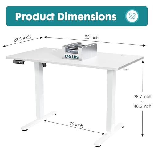 NEWBULIG Electric Standing Desk, Height Adjustable Sit Stand Up Desk, 63" X 24"Computer Workstation Rising Home Office Gaming Table with Memory Preset Splice Board, White NEWBULIG