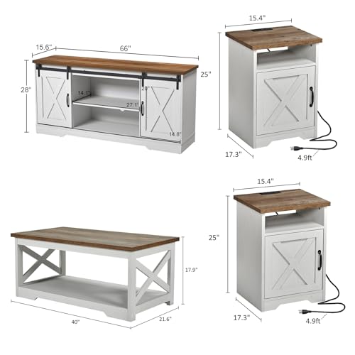 AMERLIFE 4-Piece Farmhouse Table Set Includes Sliding Barn Door TV Stand, Coffee Table& Two End Tables, Side Table with Charging Station and USB Ports, for Living Room, Bedroom, Distressed White, 66" AMERLIFE