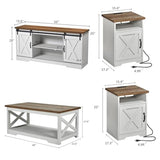 AMERLIFE 4-Piece Farmhouse Table Set Includes Sliding Barn Door TV Stand, Coffee Table& Two End Tables, Side Table with Charging Station and USB Ports, for Living Room, Bedroom, Distressed White, 66" AMERLIFE