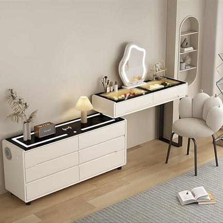 ZGNBSD Smart Vanity Table with Drawers - Vanity Set | Equipped with Charging Station & Speaker | Multi-Layer Solid Wood Material | Includes LED Makeup Mirror and Chair ZGNBSD