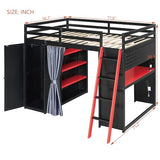 Merax Full Size Loft Bed with Desk and 6 Storage Shelves, Wardrobe, Blackout Curtain, Sturdy Wood Gaming Loft Bunk Bed Frame with USB Port & RGB Lights, No Box Spring Needed, Space-Saving, Black+Red Merax