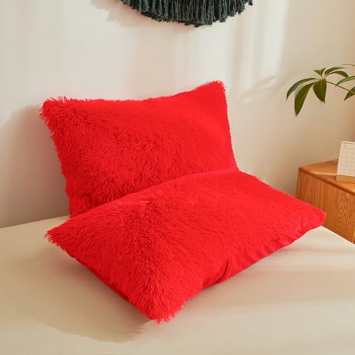 Besfunny Faux Fur Fluffy Red Comforter Cover Queen Set – Plush Faux Fur Red Bedding 3-Piece Set (1 Duvet Cover + 2 Furry Pillow Shams) Cozy Bed Set Besfunny