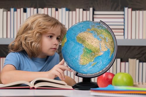 Replogle Ready to Assemble World 12" Diameter Globe, USA Cartography, Modern Acrylic Globe Stand and Blue Ocean Globe Ball. Easy to assemble globe that shows both Political and Vegatative information including political borders and provincial borders, maj Replogle