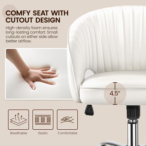 Yaheetech Home Office Chair, Faux Leather Desk Chair, Modern Swivel Chair with Tufted Barrel Back, Rolling Wheels for Office,Study, Vanity, Bedroom White Yaheetech