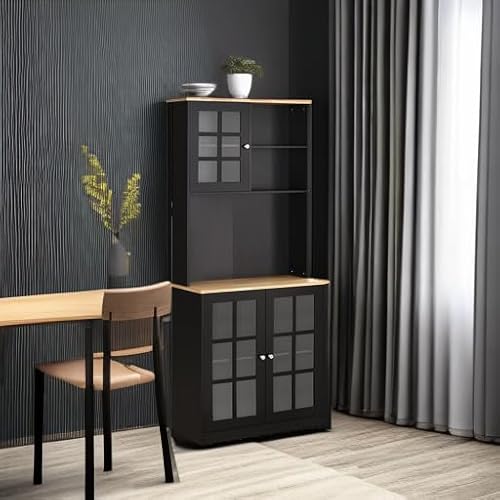 HOMCOM Kitchen Pantry Storage Cabinet, 72" Freestanding Cabinet with Hutch, Large Countertop, Glass Doors and Adjustable Shelves for Dining Room, Black HOMCOM