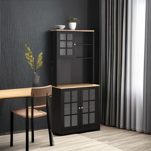 HOMCOM Kitchen Pantry Storage Cabinet, 72" Freestanding Cabinet with Hutch, Large Countertop, Glass Doors and Adjustable Shelves for Dining Room, Black HOMCOM