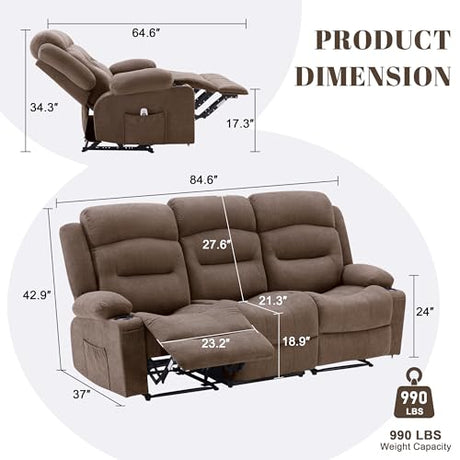Reedvales Oversized Recliner Sofa with Heat and Massage, Big Large 3-Seater RV Recliner Couch Sofa for Living Room, Wall-Hugger Reclining Sofa with Cup Holders and USB Port (Fabric, Brown) Reedvales