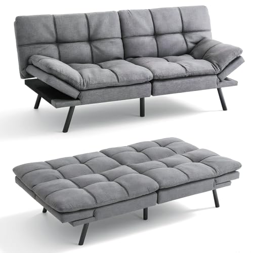 Vipbear 71" Futon Sofa Bed - Convertible Sofa Beds/Adjustable Backrest & Armrest, Comfy Loveseat Sleeper for Small Spaces, Apartments & Offices,Linen Fabric Medium Grey Futons Vipbear