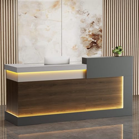 Laxodor 86.6“L-Shaped Reception Desk with Counter,Modern Reception Desk,Front Counter Table with Adjustable File Cabinet & Keyboard Tray,for Office, Hotel,Financia/Law Firms (Brown+Gray+White) Laxodor