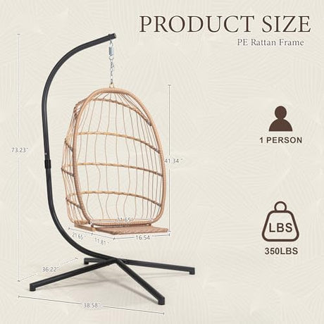 Yechen Hanging Egg Chair with Stand and Footrest for Indoor Outdoor, Foldable Wicker Rattan Patio Egg Swing Chairs Hammock Egg Chair with UV Resistant Cushion for Bedroom Porch, 350 Lbs Capacity Yechen