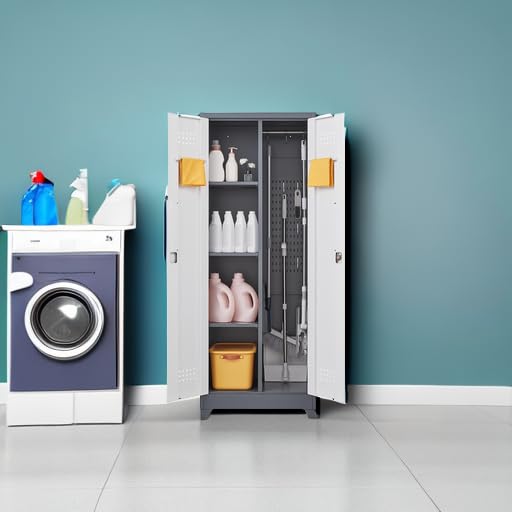 GREATMEET 65" Broom Storage Cabinet, Metal Utility Closet for Brooms and Mops, Cleaning Supply Cabinet with Pegboard, Multifunctional Metal Garage Mop Storage Closet, Grey&White GREATMEET