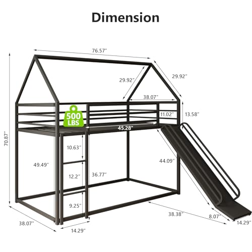 Tufons Twin-Over-Twin Low Bunk Bed with Convertible Slide, Full-Length Guardrail with Montessori Floor Bunk Bed Frame, Heavy Duty Metal Bed with House Shape and Roof for Boys Girls, Black Tufons
