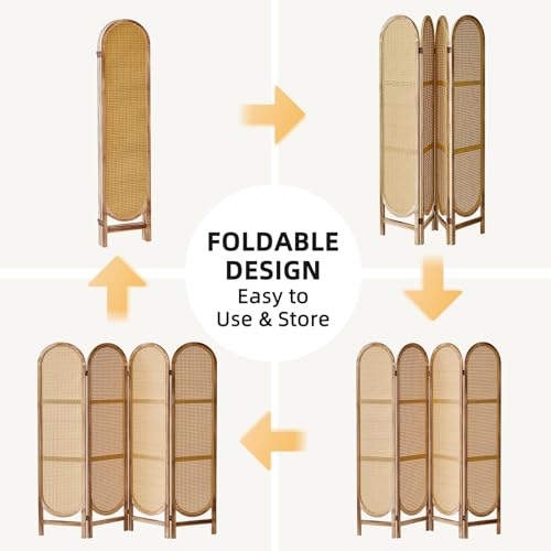 Asnefeli 4 Panel Room Divider, Double Hinged Foldable Wooden Room Divider, Individual Privacy Screen Made of Hand-Woven Rattan, Portable Wall Divider for Home Office Bedroom Bathroom (Natural) Asnefeli