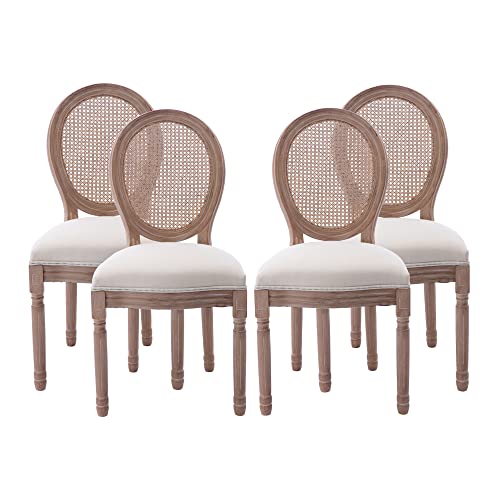 Nrizc French Country Dining Chairs Set of 4, Farmhouse Fabric Chairs with Round Back, Rattan Dining Chair, Oval Side Chairs for Dining Room/Living Room/Kitchen/Restaurant - WoodArtSupply