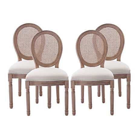Nrizc French Country Dining Chairs Set of 4, Farmhouse Fabric Chairs with Round Back, Rattan Dining Chair, Oval Side Chairs for Dining Room/Living Room/Kitchen/Restaurant Nrizc