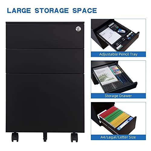 3 Drawer Mobile File Cabinet with Lock, Metal Filing Cabinet with Wheels, Under Desk Storage Cabinet for Home Office, Fully Assembled, Black WoodArtSupply