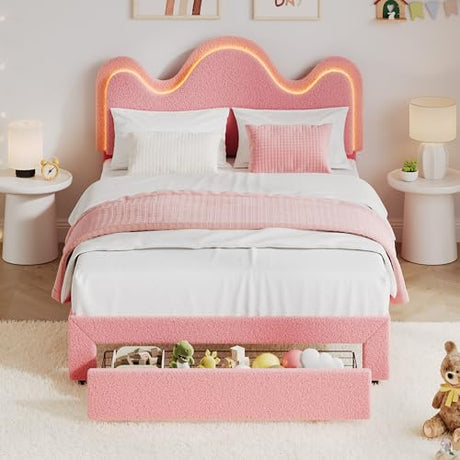 IDEALHOUSE Twin Bed Frame with LED Headboard and Under-Bed Drawer, Metal Upholstered Platform Bed with LED Light for Kids, Girls, Lamb Fleece Fabric, Wooden Slats Support, No Box Spring Needed, Pink IDEALHOUSE