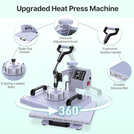 Slendor Heat Press Machine Sublimation Heat Press 360° Swing Away Heat Transfer Digital T-Shirt Pressing with 30OZ 20OZ Tumbler Press, Multifunction Combo for Hat Cap Plate 12''X15'' 5IN1 Lavender Slendor
