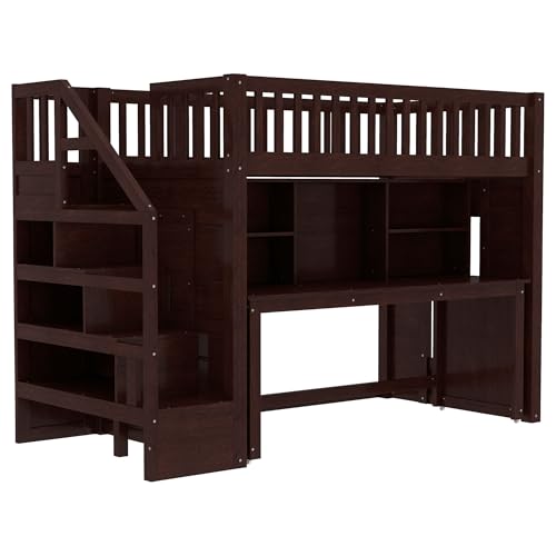 Harper & Bright Designs Twin Size Loft Bed with Stairs, Solid Wood Loft Bed with Movable Desk, Featuring Storage Stairs and Storage Shelf, for Teens Adults (Espresso) Harper & Bright Designs