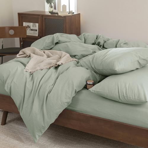 FOSSA Duvet Cover Set 100% Washed Cotton Linen Feel Super Soft Breathable Cozy 3 Pieces Bedding Sets Solid Sage Green King FOSSA