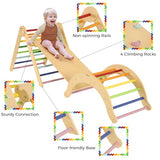 Belleur 7 in 1 Wood Pikler Triangle Set, Foldable Toddler Climbing Toys Indoor, Montessori Climbing Set with Ramp, Arch & Climbing Triangle, Baby Climbing Gym, Indoor Playground for Kids 1-6 - Rainbow Belleur