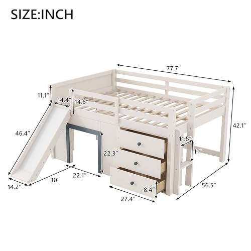 Quarte Full Size Kids Low Loft Bed with Slide,Three Storage Drawers and Two Doors,Solid Wood & MDF Construction, No Box Spring Needed Quarte