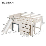 Quarte Full Size Kids Low Loft Bed with Slide,Three Storage Drawers and Two Doors,Solid Wood & MDF Construction, No Box Spring Needed Quarte