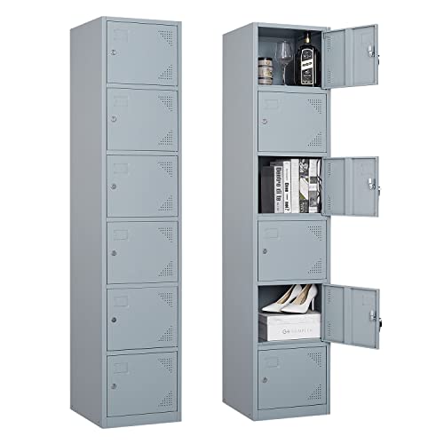 PEUKC Metal Locker Cabinet with 6 Doors, 71" Storage for Employees, 6 Tier Steel Locker with Lock and Keys for School, Gym, Home, Office Staff (Grey) PEUKC