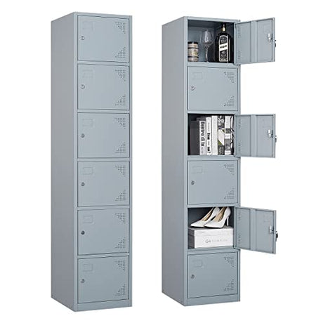 PEUKC Metal Locker Cabinet with 6 Doors, 71" Storage for Employees, 6 Tier Steel Locker with Lock and Keys for School, Gym, Home, Office Staff (Grey) PEUKC
