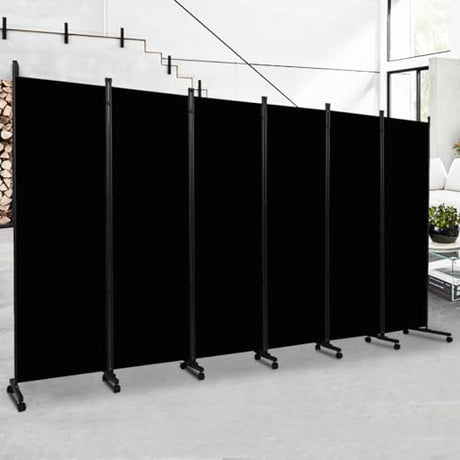 Room Divider Folding Privacy Screens with Wheels, 6FT Tall Divider for Room Separation, Movable Room Partitons and Dividers, Indoor Room Dividers Panel with Fabric (Black, 6 Panel-132‘’-Wheels) HOMSCREENER