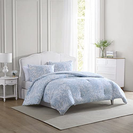 Laura Ashley - Queen Comforter Set, Soft & Reversible Cotton Floral Bedding with a Medium Weight Feel, 3 Piece Bed Set with Matching Pillowcases (Bedford Blue) Laura Ashley