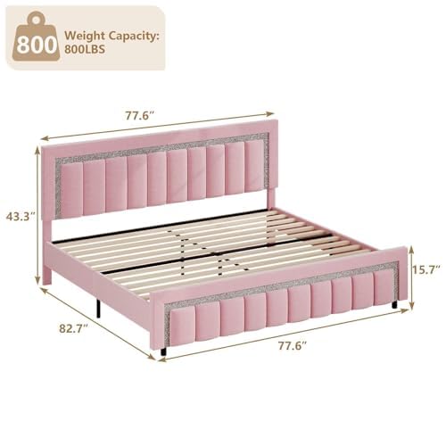 HOMBCK King Size Bed Frame, Pink Bed Frame King with Diamond Vertical Channel Headboard, Upholstered Velvet Headboard and Footboard, Adjustable Headboard, No Box Spring Needed, Easy Assembly, Pink HOMBCK