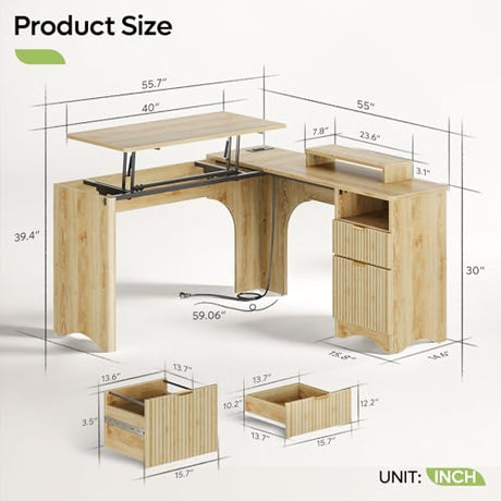 Bestier L Shaped Desk with Lift Desktop, 55 inch Corner Desk with Fluted Panel Deisgn Drawers, Modern Office Desk with File Drawer (Natual Oak, 55'' x 55'' Lift Top) Bestier